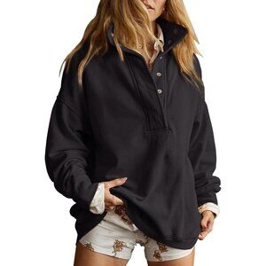 Women's Black Oversized Casual Long Sleeve Henley Neck Pullover Sweatshirt